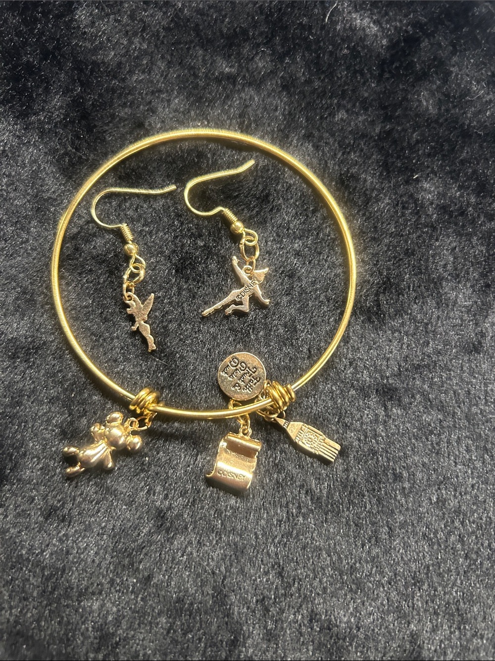 Gold Charm Bangle Bracelet with Matching Gold Dangle Earrings - Unbranded